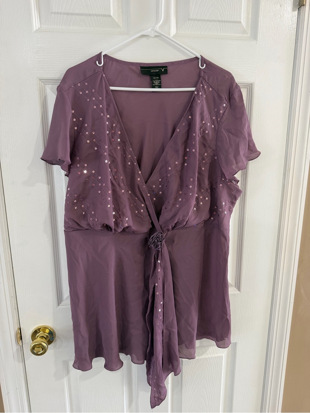 Venezia Mauve Sequin V-Neck Tie-Front Blouse